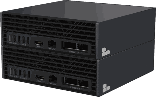 A BayMachines GPU server, two units stacked, front ports visible